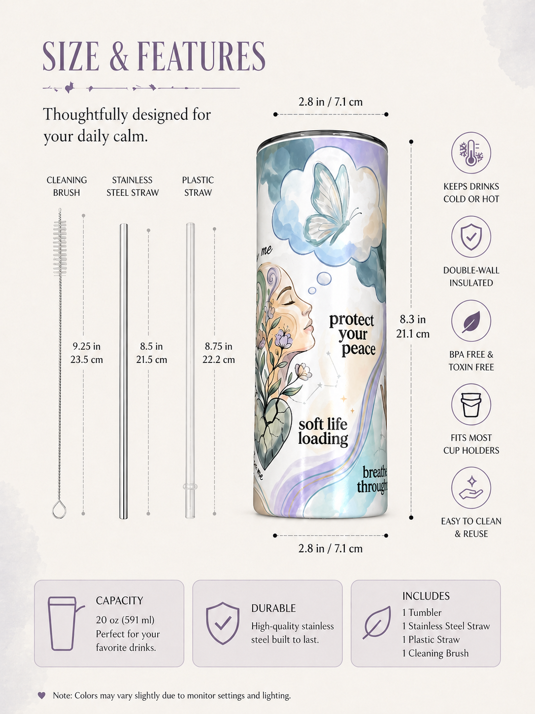 Protect Your Peace | 20 oz UV Printed Wellness Tumbler